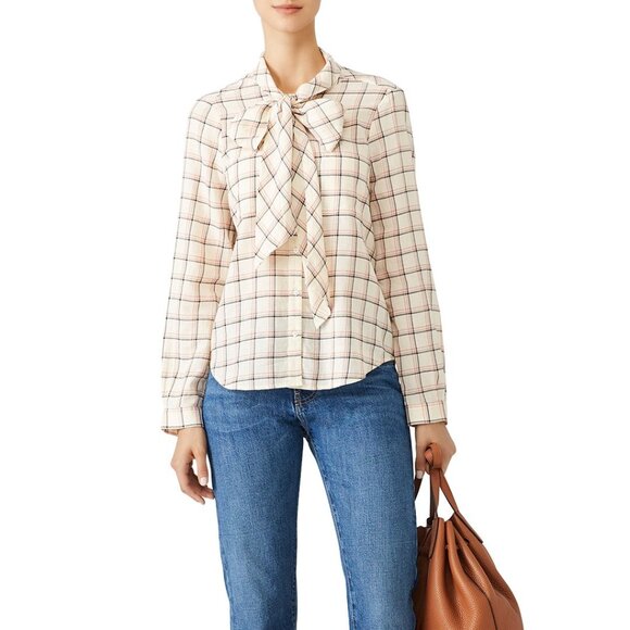 Joie Tie Front Blouse M | Brown Pink Cream Print Bib Collar Long Sleeve Boho Top - Picture 2 of 11